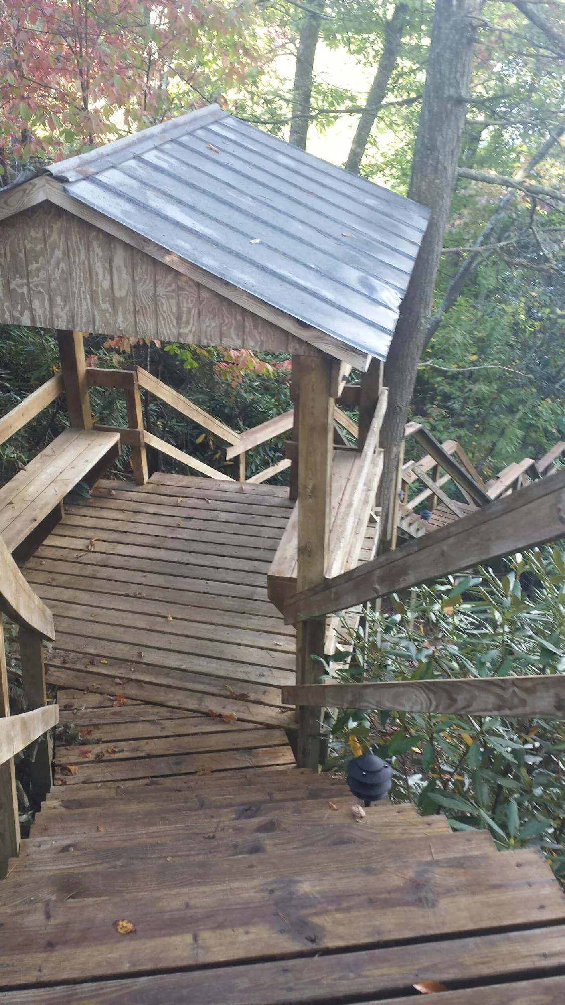 Metal roofed shelter over wooden steps on a wooded walkway — Skylight Repair & Installation work by our crew in Cochranton